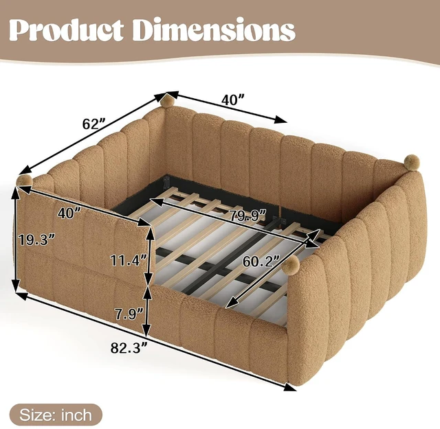 Alt view image 2 of 7 - Kids Upholstered Floor Bed with Padded Guardrails Montessori Floor Bed with Full Rails for Boys Girls, Queen Size, Natural