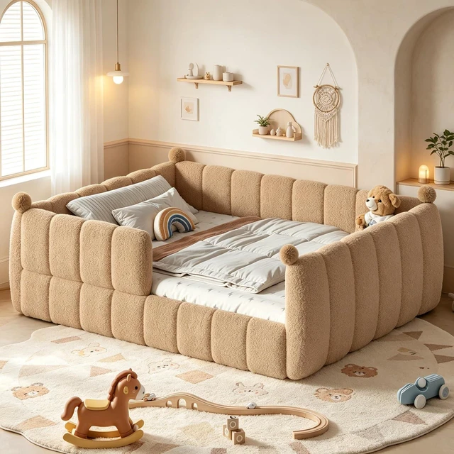 Main image of Kids Upholstered Floor Bed with Padded Guardrails Montessori Floor Bed with Full Rails for Boys Girls, Queen Size, Natural