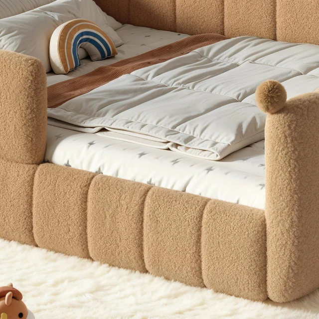 Alt view image 3 of 7 - Kids Upholstered Floor Bed with Padded Guardrails Montessori Floor Bed with Full Rails for Boys Girls, Queen Size, Natural