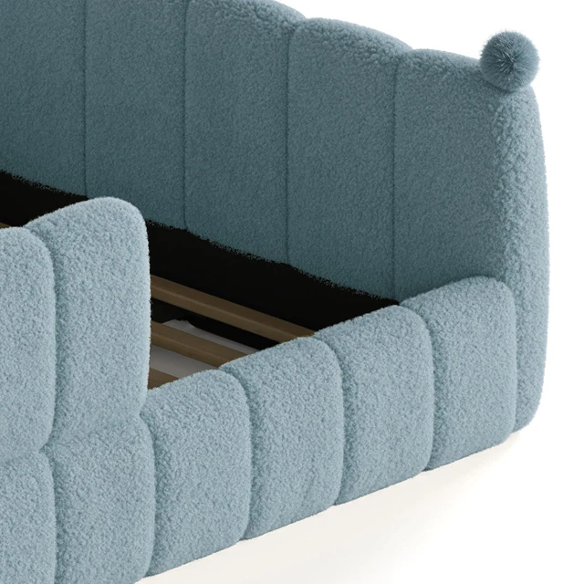 Alt view image 6 of 7 - Upholstered Kids Bed with Padded Guardrails, Montessori Floor Bed with Full Rails for Boys Girls, Queen Size, Blue