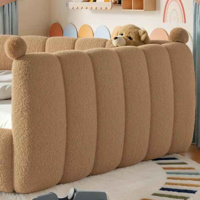 Alt view image 4 of 7 - Kids Upholstered Floor Bed with Padded Guardrails Montessori Floor Bed with Full Rails for Boys Girls, Queen Size, Natural