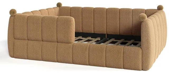 Alt view image 5 of 7 - Kids Upholstered Floor Bed with Padded Guardrails Montessori Floor Bed with Full Rails for Boys Girls, Queen Size, Natural