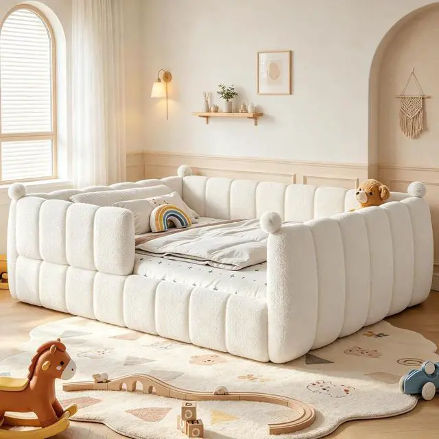 Main image of Kids Upholstered Floor Bed with Padded Guardrails Montessori Floor Bed with Full Rails for Boys Girls, Queen Size, Beige