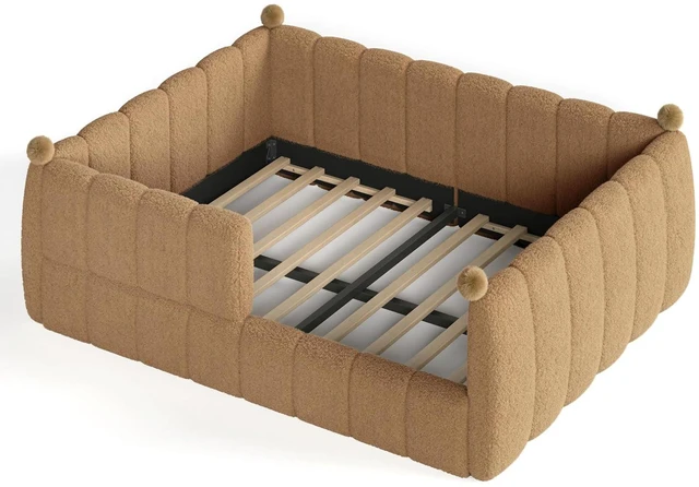 Alt view image 7 of 7 - Kids Upholstered Floor Bed with Padded Guardrails Montessori Floor Bed with Full Rails for Boys Girls, Queen Size, Natural