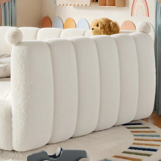 Alt view image 2 of 7 - Kids Upholstered Floor Bed with Padded Guardrails Montessori Floor Bed with Full Rails for Boys Girls, Queen Size, Beige