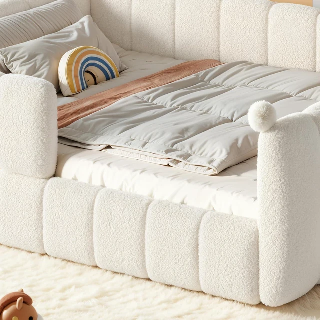 Alt view image 3 of 7 - Kids Upholstered Floor Bed with Padded Guardrails Montessori Floor Bed with Full Rails for Boys Girls, Queen Size, Beige