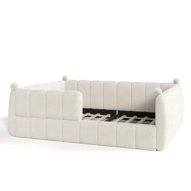 Alt view image 5 of 7 - Kids Upholstered Floor Bed with Padded Guardrails Montessori Floor Bed with Full Rails for Boys Girls, Queen Size, Beige