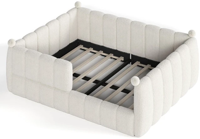Alt view image 6 of 7 - Kids Upholstered Floor Bed with Padded Guardrails Montessori Floor Bed with Full Rails for Boys Girls, Queen Size, Beige