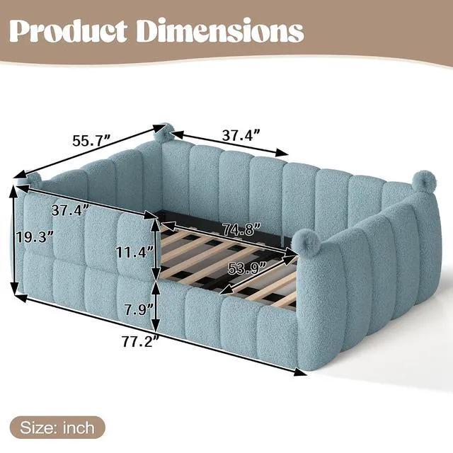 Alt view image 2 of 7 - Upholstered Montessori Bed with Padded Guardrails, Kids Floor Bed with Full Rails for Boys Girls, Full Size, Blue