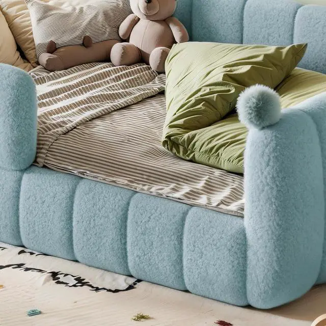 Alt view image 3 of 7 - Upholstered Montessori Bed with Padded Guardrails, Kids Floor Bed with Full Rails for Boys Girls, Full Size, Blue