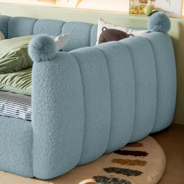 Alt view image 4 of 7 - Upholstered Montessori Bed with Padded Guardrails, Kids Floor Bed with Full Rails for Boys Girls, Full Size, Blue