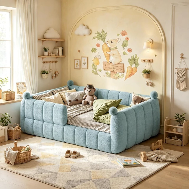 Main image of Upholstered Montessori Bed with Padded Guardrails, Kids Floor Bed with Full Rails for Boys Girls, Full Size, Blue