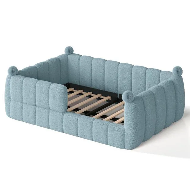 Alt view image 5 of 7 - Upholstered Montessori Bed with Padded Guardrails, Kids Floor Bed with Full Rails for Boys Girls, Full Size, Blue