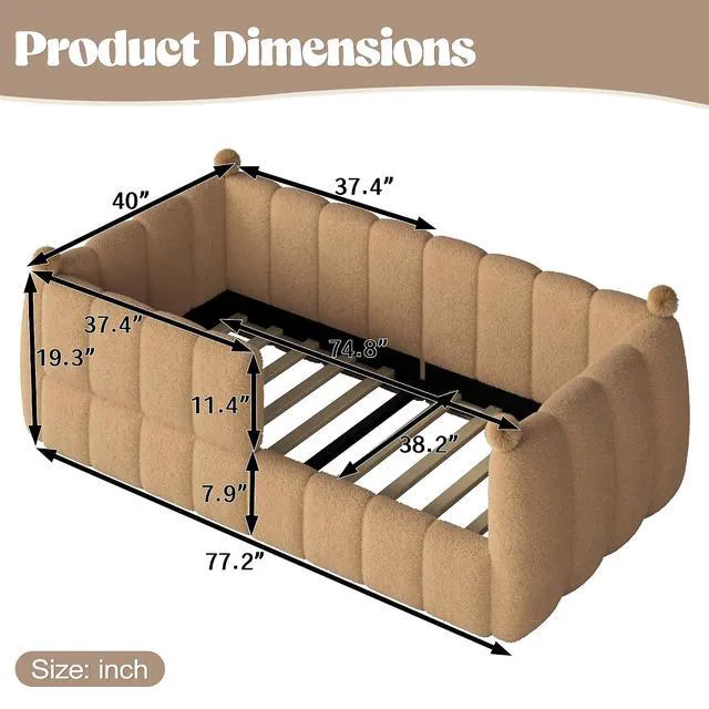 Alt view image 2 of 7 - Kids Upholstered Floor Bed with Padded Guardrails Montessori Floor Bed with Full Rails for Boys Girls, Twin Size, Natural