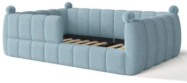 Alt view image 7 of 7 - Upholstered Montessori Bed with Padded Guardrails, Kids Floor Bed with Full Rails for Boys Girls, Full Size, Blue