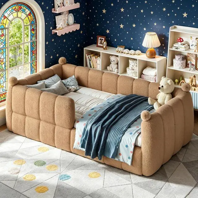 Main image of Kids Upholstered Floor Bed with Padded Guardrails Montessori Floor Bed with Full Rails for Boys Girls, Twin Size, Natural