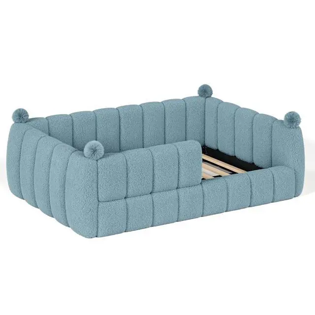 Alt view image 6 of 7 - Upholstered Montessori Bed with Padded Guardrails, Kids Floor Bed with Full Rails for Boys Girls, Full Size, Blue