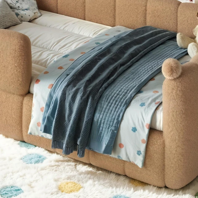 Alt view image 4 of 7 - Kids Upholstered Floor Bed with Padded Guardrails Montessori Floor Bed with Full Rails for Boys Girls, Twin Size, Natural