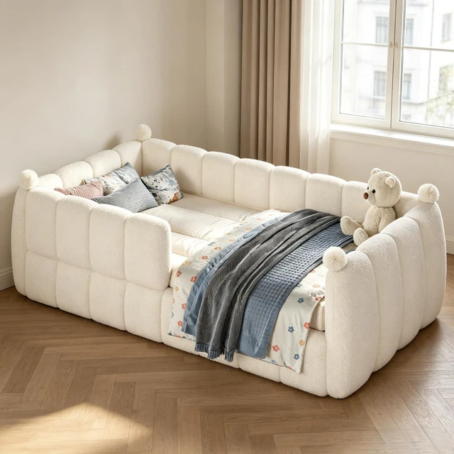 Main image of Kids Upholstered Floor Bed with Padded Guardrails Montessori Floor Bed with Full Rails for Boys Girls, Twin Size, Beige