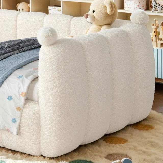 Alt view image 3 of 7 - Kids Upholstered Floor Bed with Padded Guardrails Montessori Floor Bed with Full Rails for Boys Girls, Twin Size, Beige