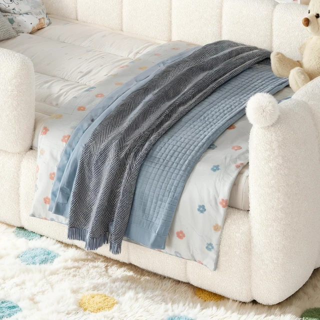 Alt view image 4 of 7 - Kids Upholstered Floor Bed with Padded Guardrails Montessori Floor Bed with Full Rails for Boys Girls, Twin Size, Beige