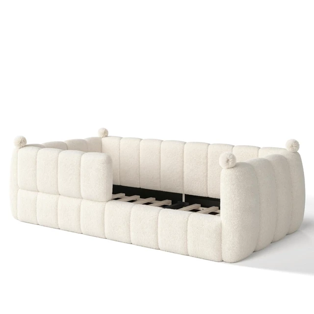 Alt view image 6 of 7 - Kids Upholstered Floor Bed with Padded Guardrails Montessori Floor Bed with Full Rails for Boys Girls, Twin Size, Beige