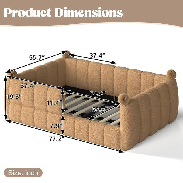 Alt view image 2 of 7 - Kids Upholstered Floor Bed with Padded Guardrails Montessori Floor Bed with Full Rails for Boys Girls, Full Size, Natural