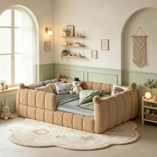 Main image of Kids Upholstered Floor Bed with Padded Guardrails Montessori Floor Bed with Full Rails for Boys Girls, Full Size, Natural