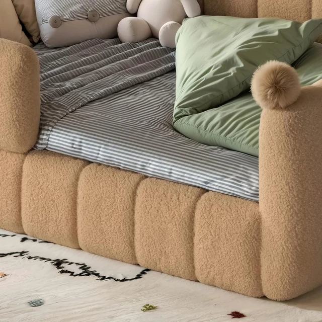 Alt view image 4 of 7 - Kids Upholstered Floor Bed with Padded Guardrails Montessori Floor Bed with Full Rails for Boys Girls, Full Size, Natural