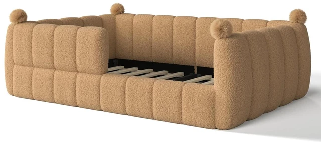 Alt view image 6 of 7 - Kids Upholstered Floor Bed with Padded Guardrails Montessori Floor Bed with Full Rails for Boys Girls, Full Size, Natural