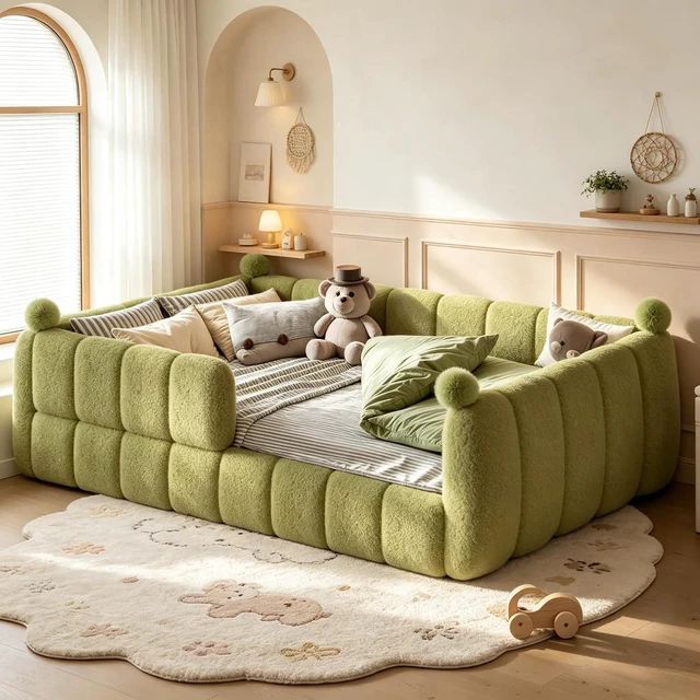 Main image of Kids Upholstered Floor Bed with Padded Guardrails Montessori Floor Bed with Full Rails for Boys Girls, Full Size, Green