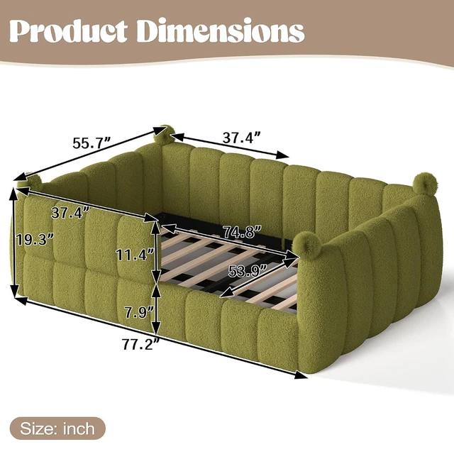 Alt view image 2 of 7 - Kids Upholstered Floor Bed with Padded Guardrails Montessori Floor Bed with Full Rails for Boys Girls, Full Size, Green