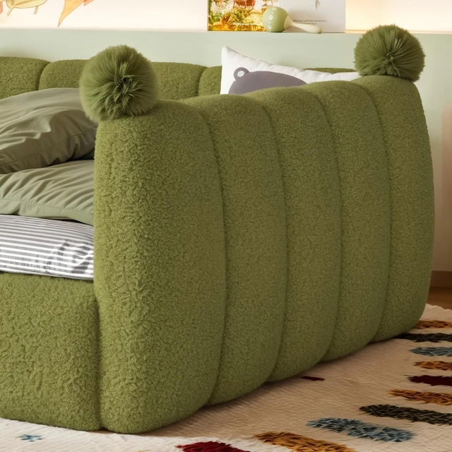 Alt view image 4 of 7 - Kids Upholstered Floor Bed with Padded Guardrails Montessori Floor Bed with Full Rails for Boys Girls, Full Size, Green