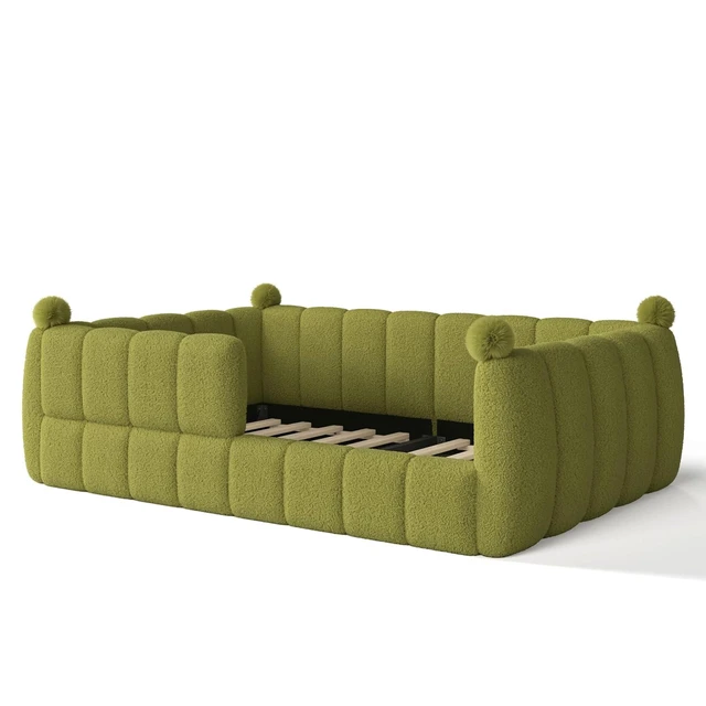 Alt view image 6 of 7 - Kids Upholstered Floor Bed with Padded Guardrails Montessori Floor Bed with Full Rails for Boys Girls, Full Size, Green