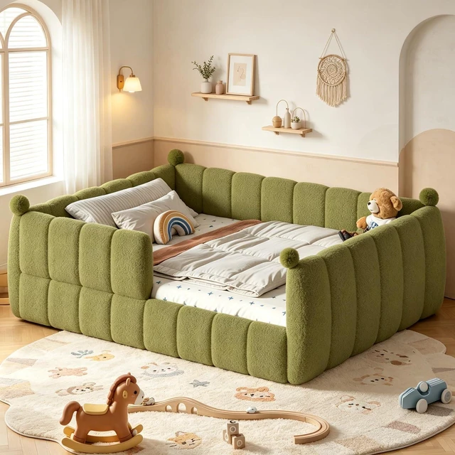 Main image of Kids Upholstered Floor Bed with Padded Guardrails Montessori Floor Bed with Full Rails for Boys Girls, Queen Size, Green