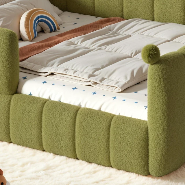 Alt view image 3 of 7 - Kids Upholstered Floor Bed with Padded Guardrails Montessori Floor Bed with Full Rails for Boys Girls, Queen Size, Green