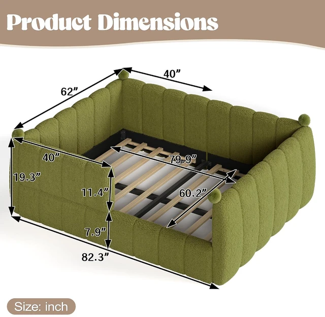 Alt view image 2 of 7 - Kids Upholstered Floor Bed with Padded Guardrails Montessori Floor Bed with Full Rails for Boys Girls, Queen Size, Green