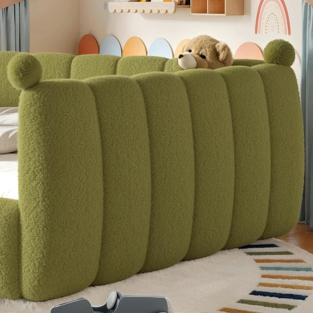 Alt view image 4 of 7 - Kids Upholstered Floor Bed with Padded Guardrails Montessori Floor Bed with Full Rails for Boys Girls, Queen Size, Green