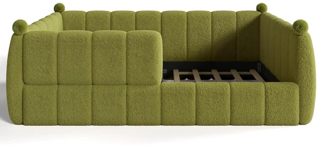 Alt view image 5 of 7 - Kids Upholstered Floor Bed with Padded Guardrails Montessori Floor Bed with Full Rails for Boys Girls, Queen Size, Green