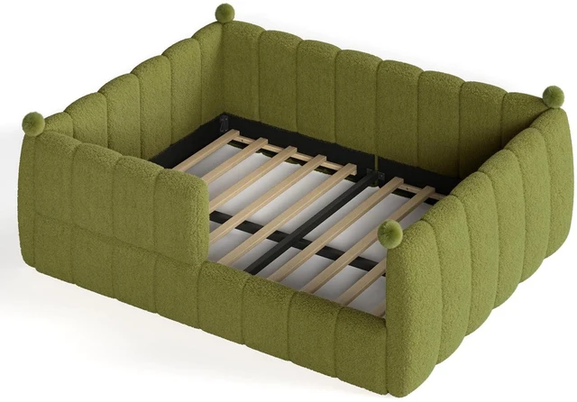 Alt view image 6 of 7 - Kids Upholstered Floor Bed with Padded Guardrails Montessori Floor Bed with Full Rails for Boys Girls, Queen Size, Green