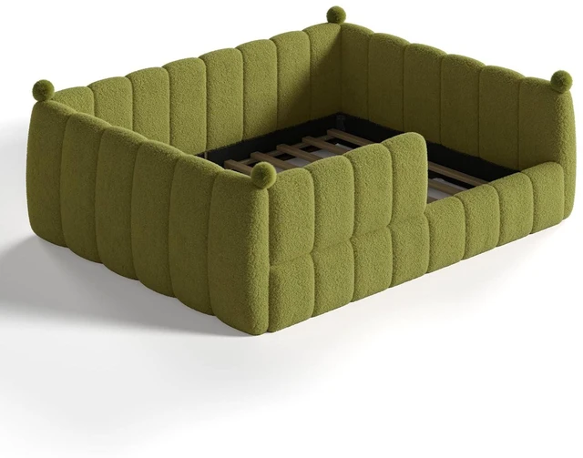 Alt view image 7 of 7 - Kids Upholstered Floor Bed with Padded Guardrails Montessori Floor Bed with Full Rails for Boys Girls, Queen Size, Green