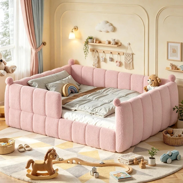 Main image of Upholstered Montessori Bed with Padded Guardrails, Kids Floor Bed with Full Rails for Boys Girls, Queen Size, Pink