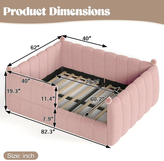 Alt view image 2 of 7 - Upholstered Montessori Bed with Padded Guardrails, Kids Floor Bed with Full Rails for Boys Girls, Queen Size, Pink