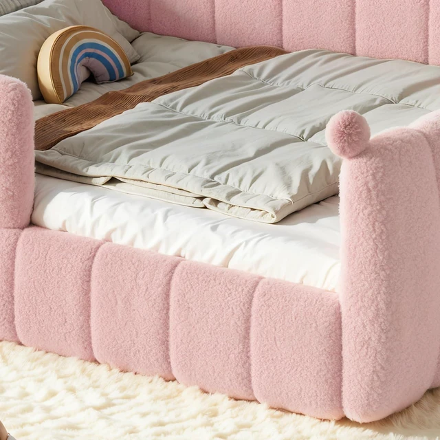 Alt view image 3 of 7 - Upholstered Montessori Bed with Padded Guardrails, Kids Floor Bed with Full Rails for Boys Girls, Queen Size, Pink
