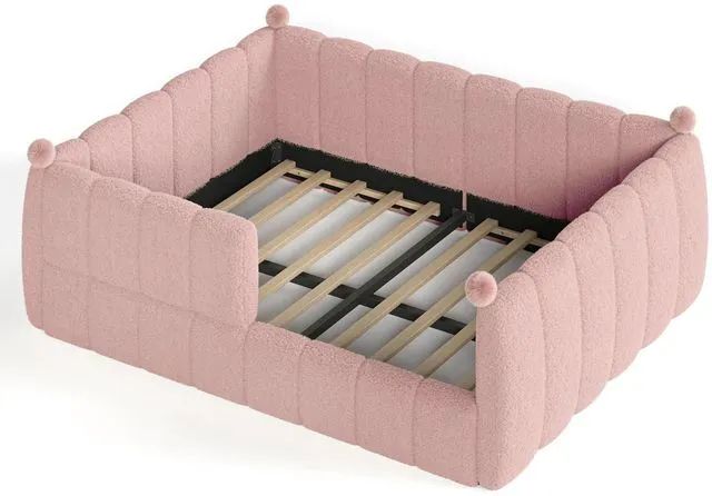Alt view image 5 of 7 - Upholstered Montessori Bed with Padded Guardrails, Kids Floor Bed with Full Rails for Boys Girls, Queen Size, Pink