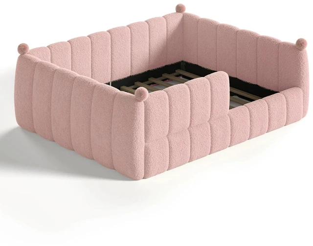 Alt view image 6 of 7 - Upholstered Montessori Bed with Padded Guardrails, Kids Floor Bed with Full Rails for Boys Girls, Queen Size, Pink