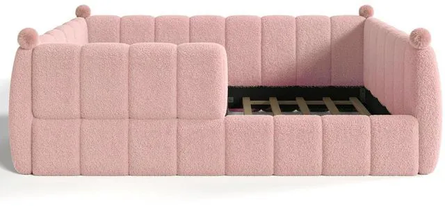 Alt view image 7 of 7 - Upholstered Montessori Bed with Padded Guardrails, Kids Floor Bed with Full Rails for Boys Girls, Queen Size, Pink
