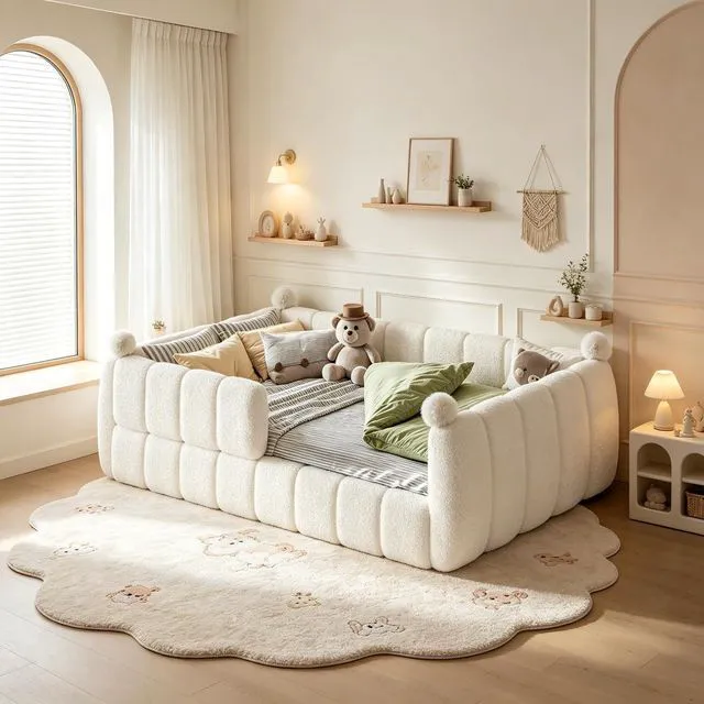 Main image of Kids Upholstered Floor Bed with Padded Guardrails Montessori Floor Bed with Full Rails for Boys Girls, Full Size, Beige