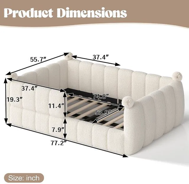Alt view image 2 of 7 - Kids Upholstered Floor Bed with Padded Guardrails Montessori Floor Bed with Full Rails for Boys Girls, Full Size, Beige