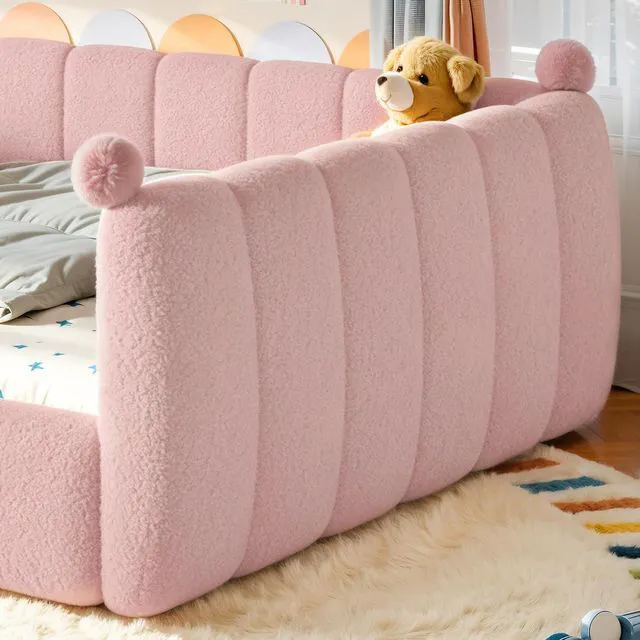 Alt view image 4 of 7 - Upholstered Montessori Bed with Padded Guardrails, Kids Floor Bed with Full Rails for Boys Girls, Queen Size, Pink